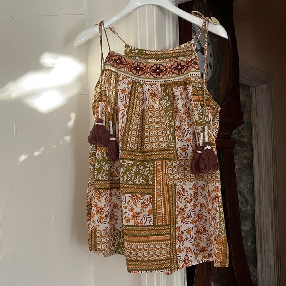 new! Nicole Miller Artelier | Embroidered Flowy Tank Top w/Beaded Tassles